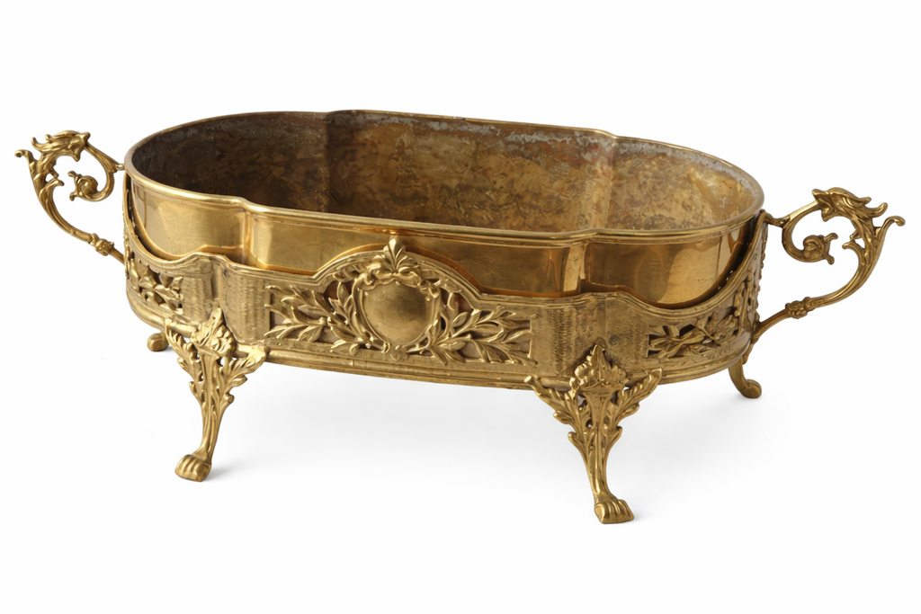 Antique French Dragon-Handle Brass Jardinière, Planter, Oval Footed Centrepiece.