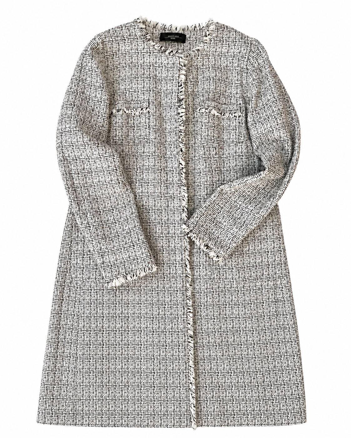 Weekend Max Mara Tweed Coat Jacket, Collarless Frayed Trim, Metallic Cotton Blend