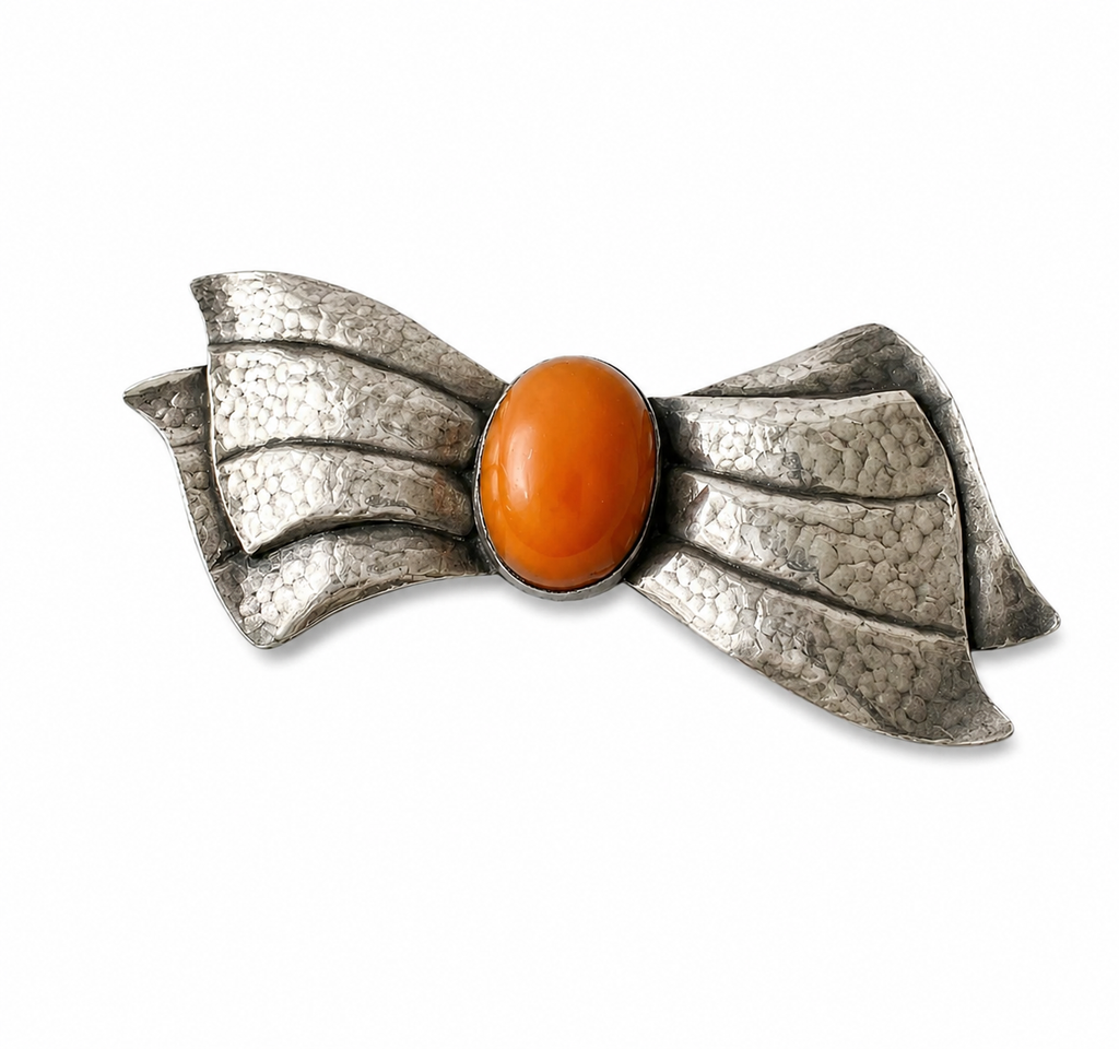 Vintage Silver Bow Brooch Baltic Amber Cabochon