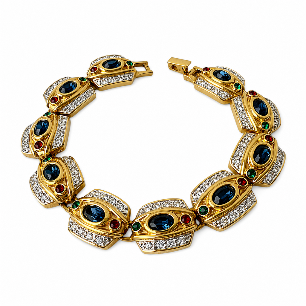 Vintage Gold Tone Multicolour Rhinestone Bracelet, Signed Statement Costume Jewellery
