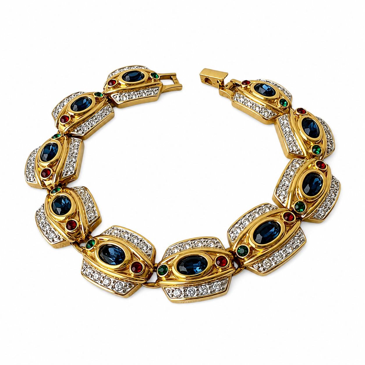 Vintage Gold Tone Multicolour Rhinestone Bracelet, Signed Statement Costume Jewellery