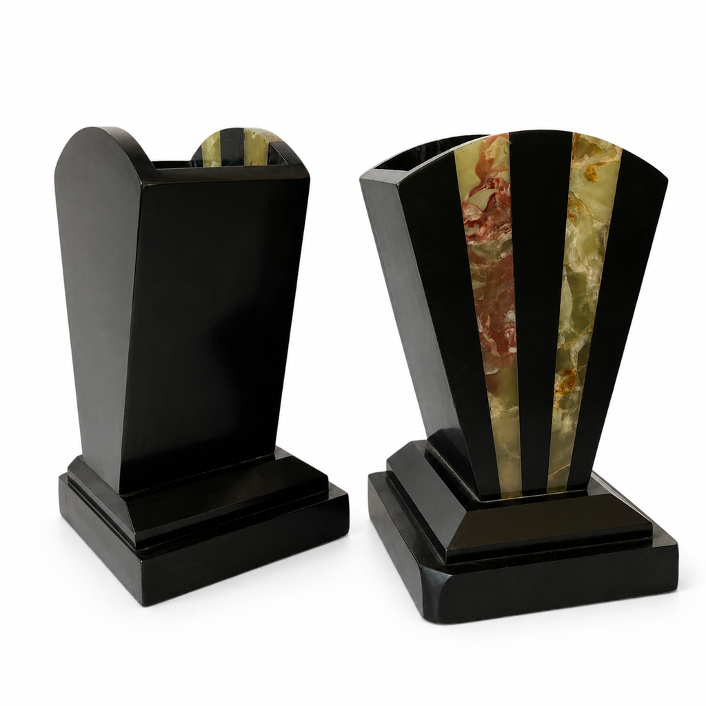 French Art Deco UCRA Marble Onyx Mantel Clock With Side Garnitures, 1920s 1930s