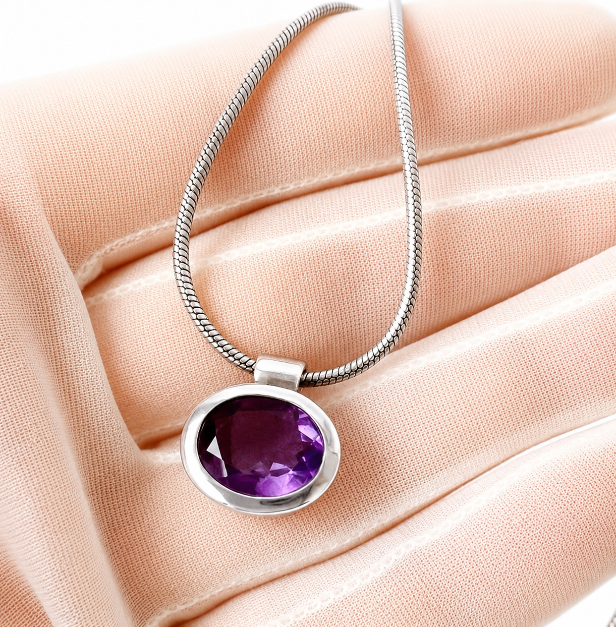 Sterling Silver Amethyst Pendant Necklace, 925 Snake Chain, Purple Gemstone Pendant