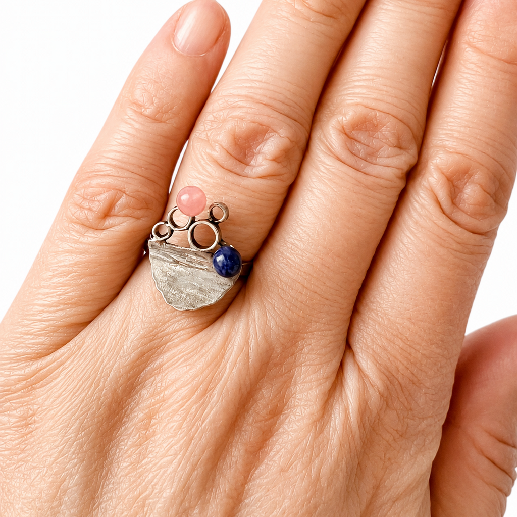 Vintage Modernist 835 Silver Ring, Rose Quartz Lapis Lazuli, Sculptural Statement Ring