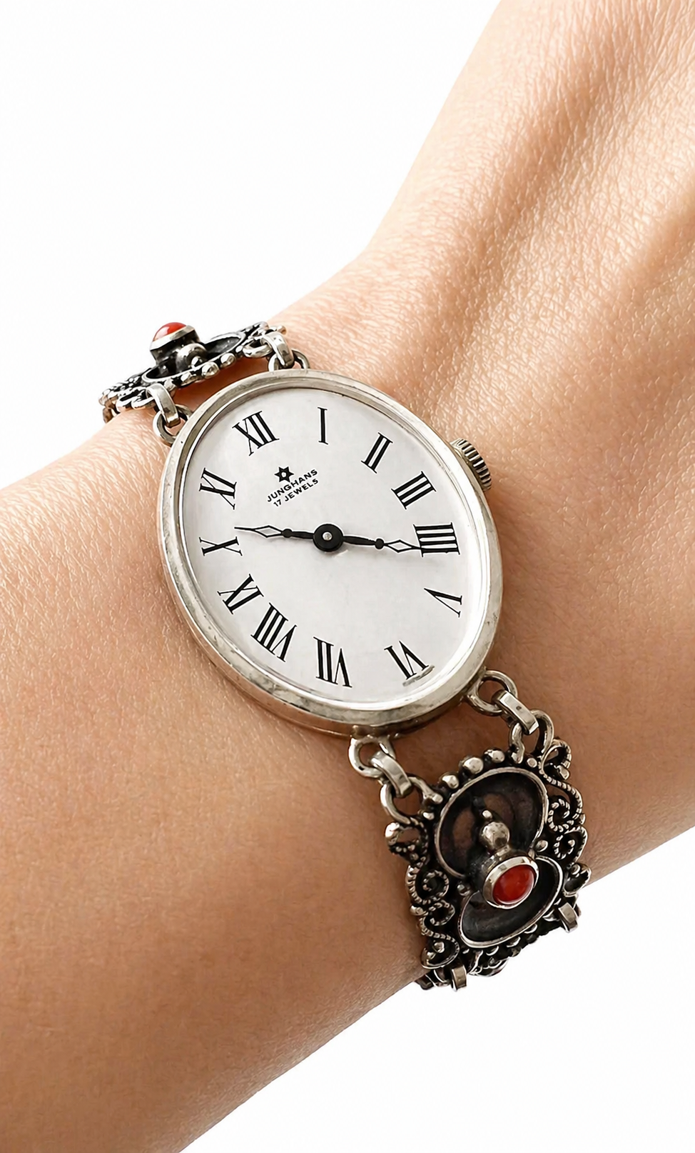 Vintage Junghans 835 Silver Coral Bracelet Watch, 17 Jewels Hand-Wound Germany