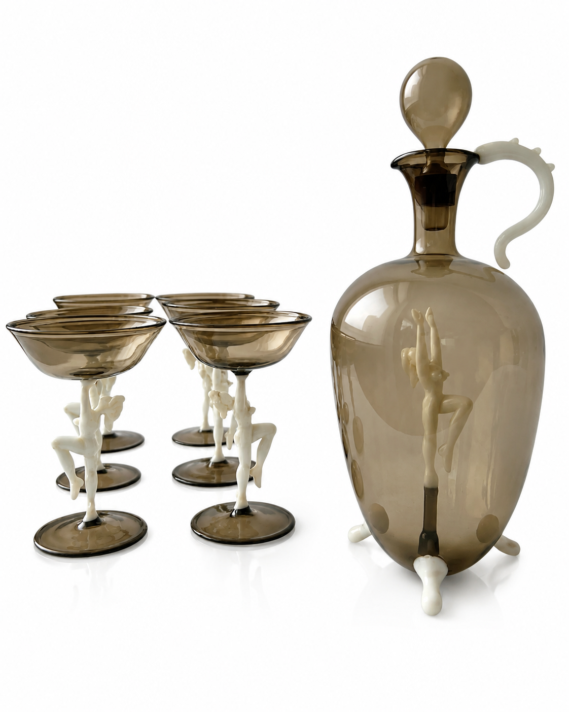 Art Deco Smoky Glass Cordial Set, Attributed Bimini Decanter And Six Figural Stem Glasses, Fritz Lampl, 1920s