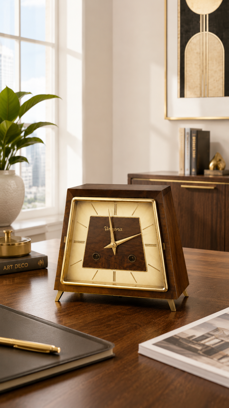 Vintage Urgena Kienzle Desk Clock, Wooden Brass Mid Century Mantel Clock