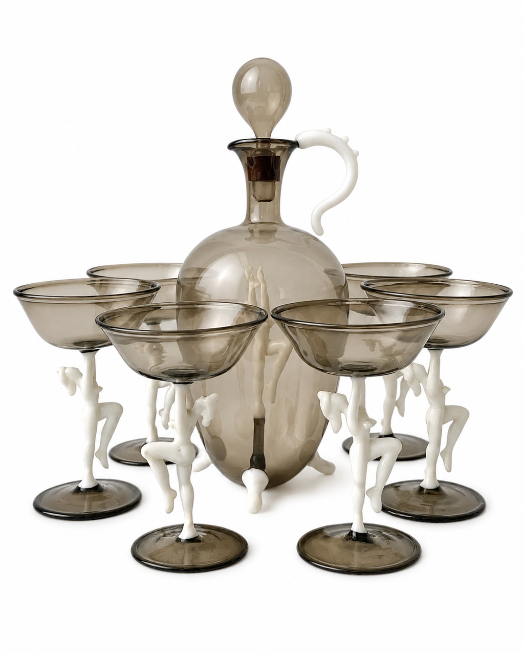Art Deco Smoky Glass Cordial Set, Attributed Bimini Decanter And Six Figural Stem Glasses, Fritz Lampl, 1920s