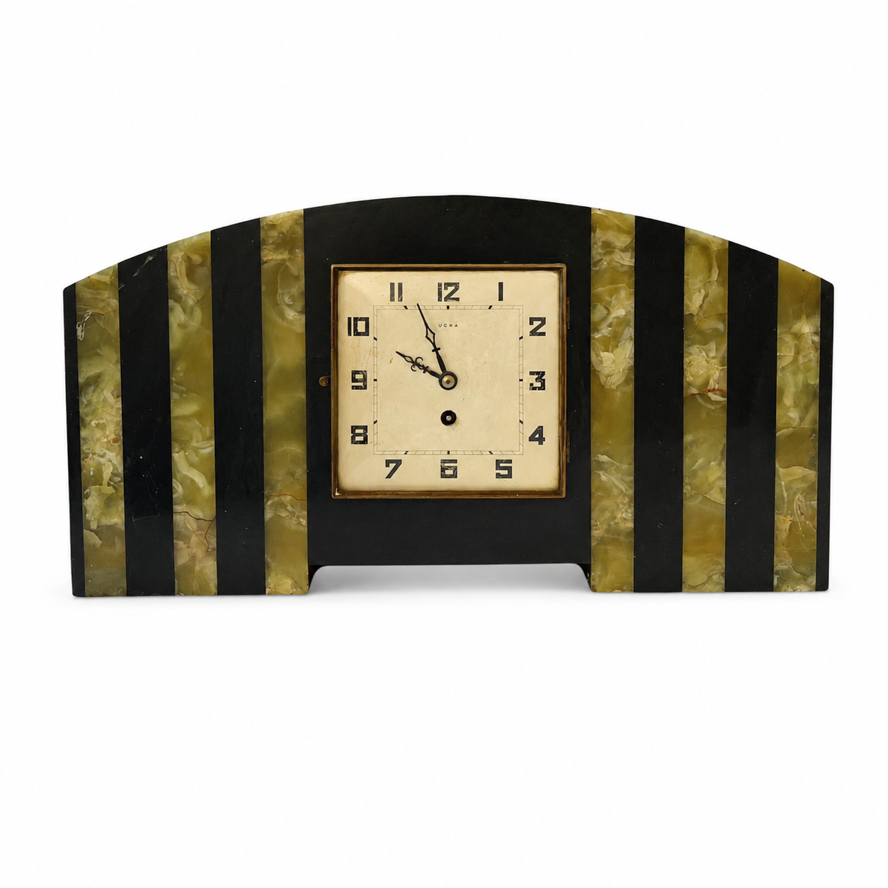 French Art Deco UCRA Marble Onyx Mantel Clock With Side Garnitures, 1920s 1930s