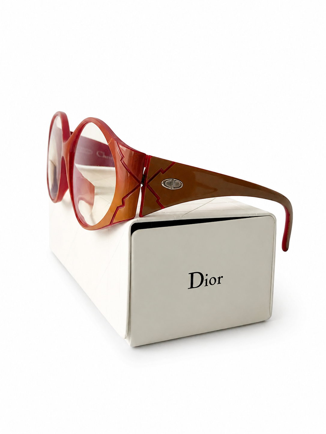 Vintage Christian Dior Glasses: Red & Brown Optyl Frame, Oversized Lens, Original Box