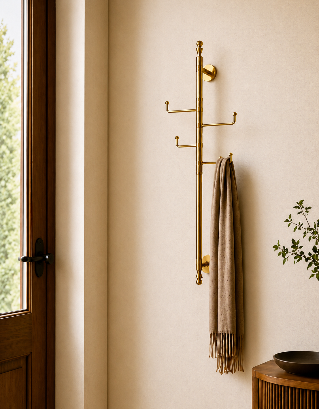 Vintage German Polished Brass Wall Mounted Coat Rack, Mid Century Entryway Hook Rail