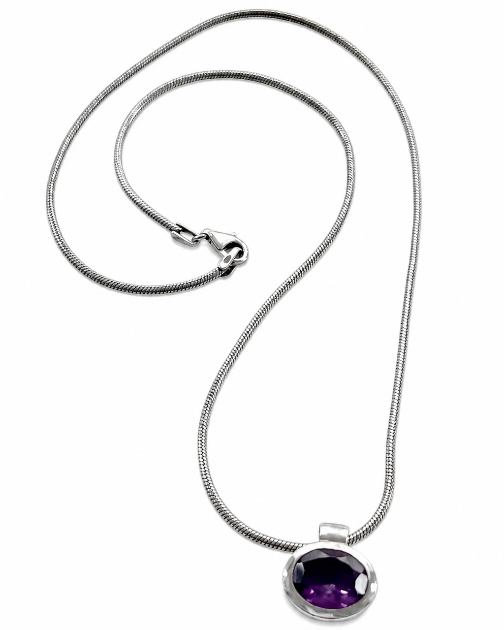 Sterling Silver Amethyst Pendant Necklace, 925 Snake Chain, Purple Gemstone Pendant
