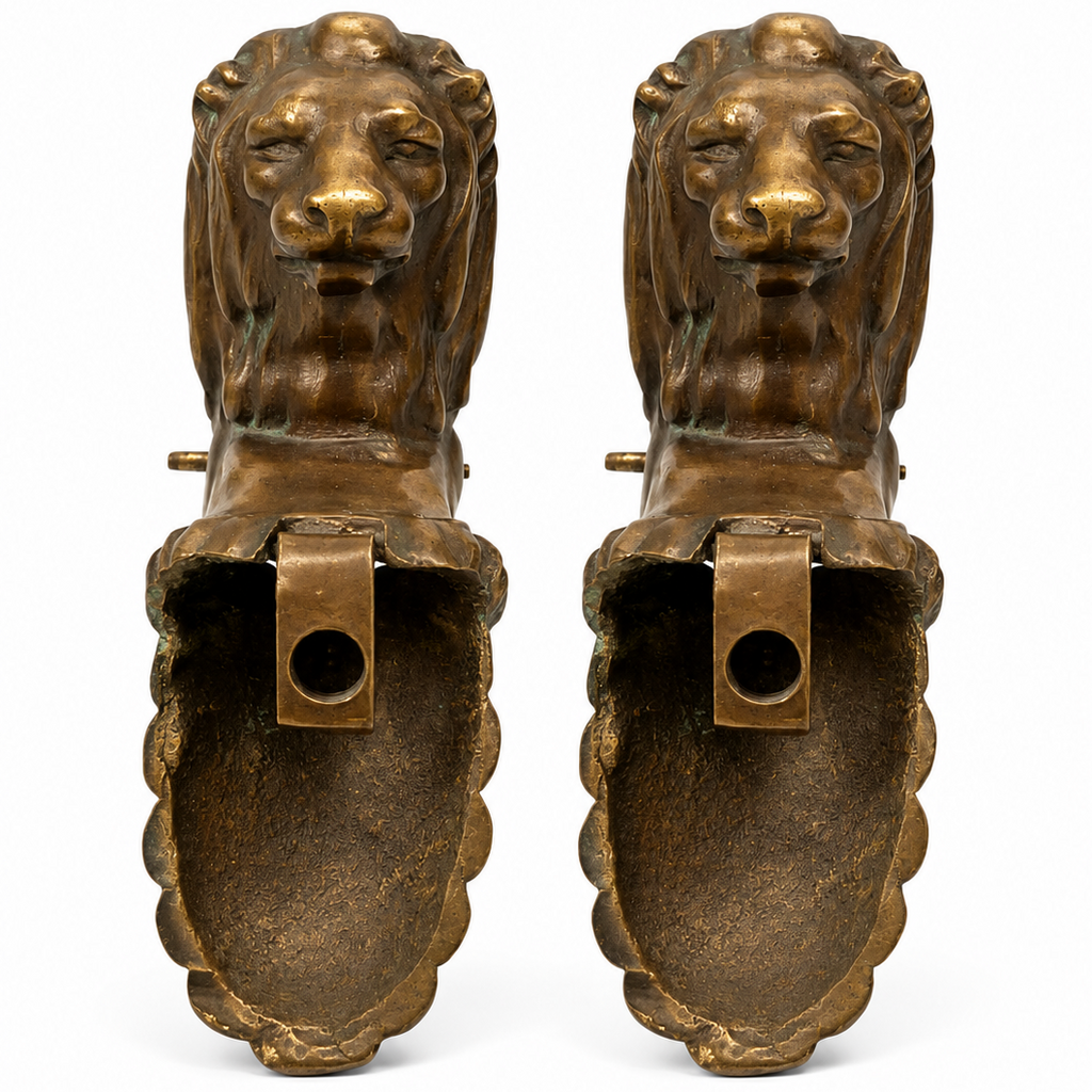 Antique Bronze Lion Armrest Mounts, Pair, 19th Century Empire Revival Furniture Fittings