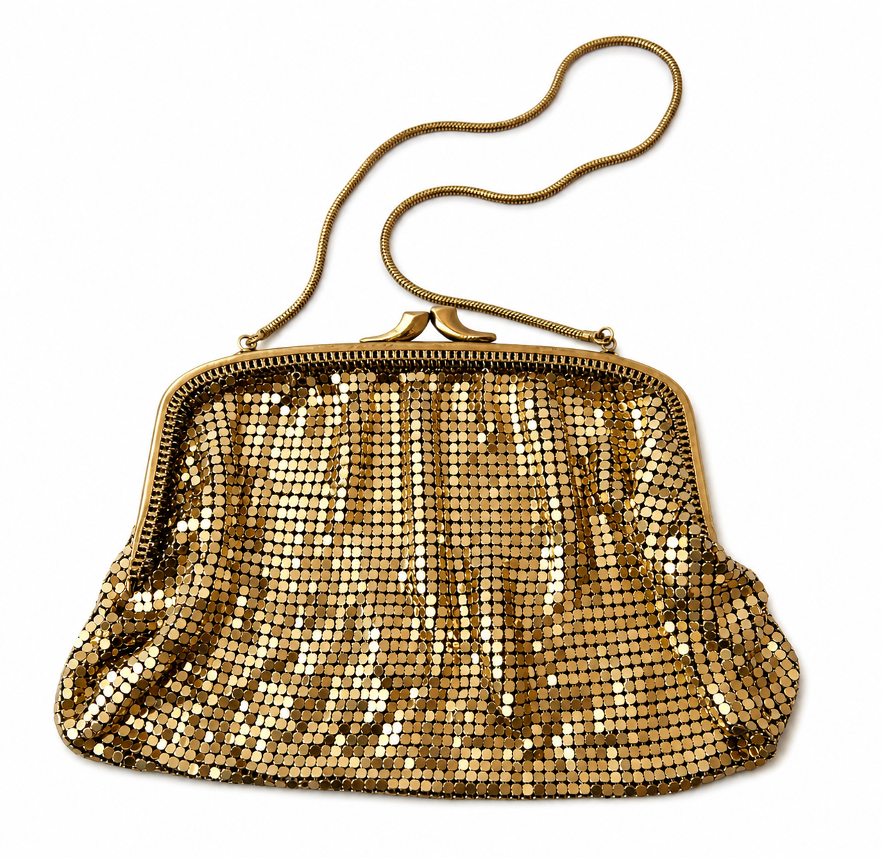 Vintage Gold Metal Mesh Evening Bag, All-Metal Chainmail Purse, Small Framed Clutch