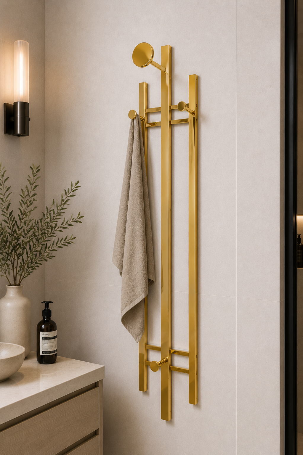 Vintage German Brass Wall Coat Rack, Mid-Century Modern Entryway Hooks, 110 cm Tall