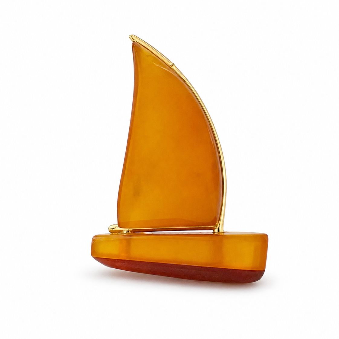 Vintage Sailboat Brooch, Baltic Amber Gold Plated. Kaliningrad Amber Combine, USSR, 1960s.