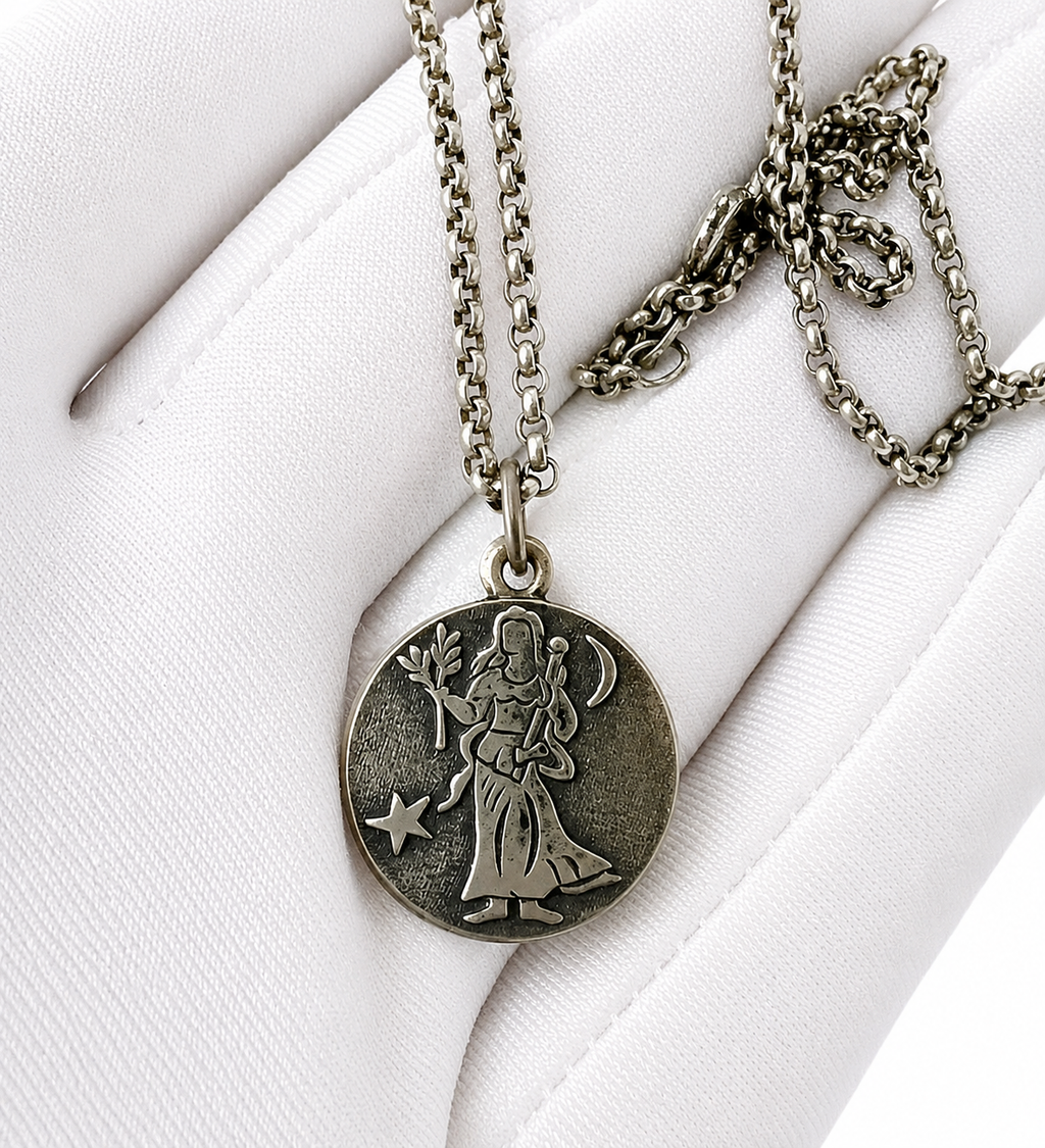 Antique Silver Virgo Zodiac Pendant Necklace - Austro-Hungarian Diana Hallmark