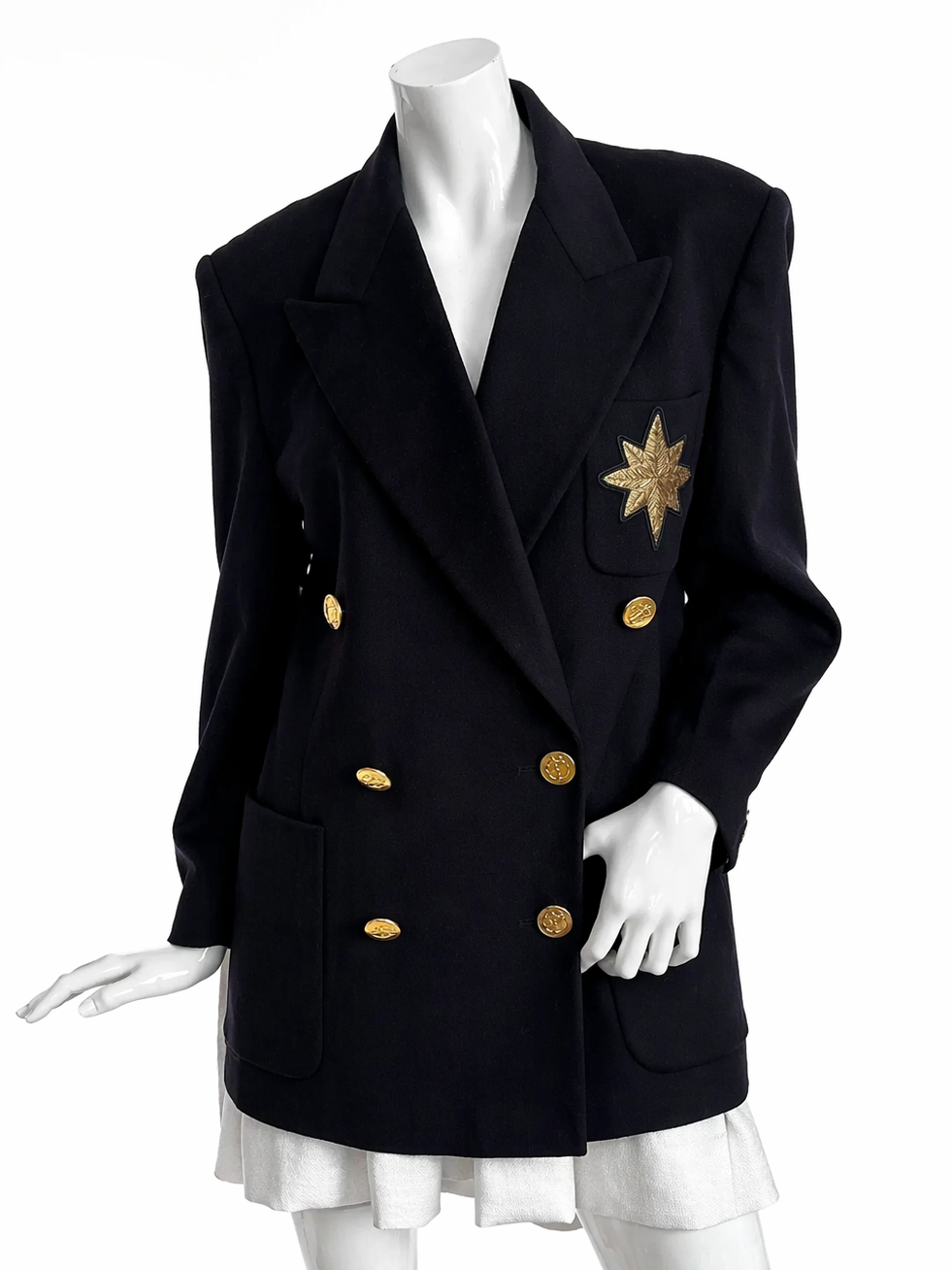 Vintage Escada by Margaretha Ley Navy Blue Blazer – Wool & Cashmere, Double-Breasted, Gold Nautical Buttons.