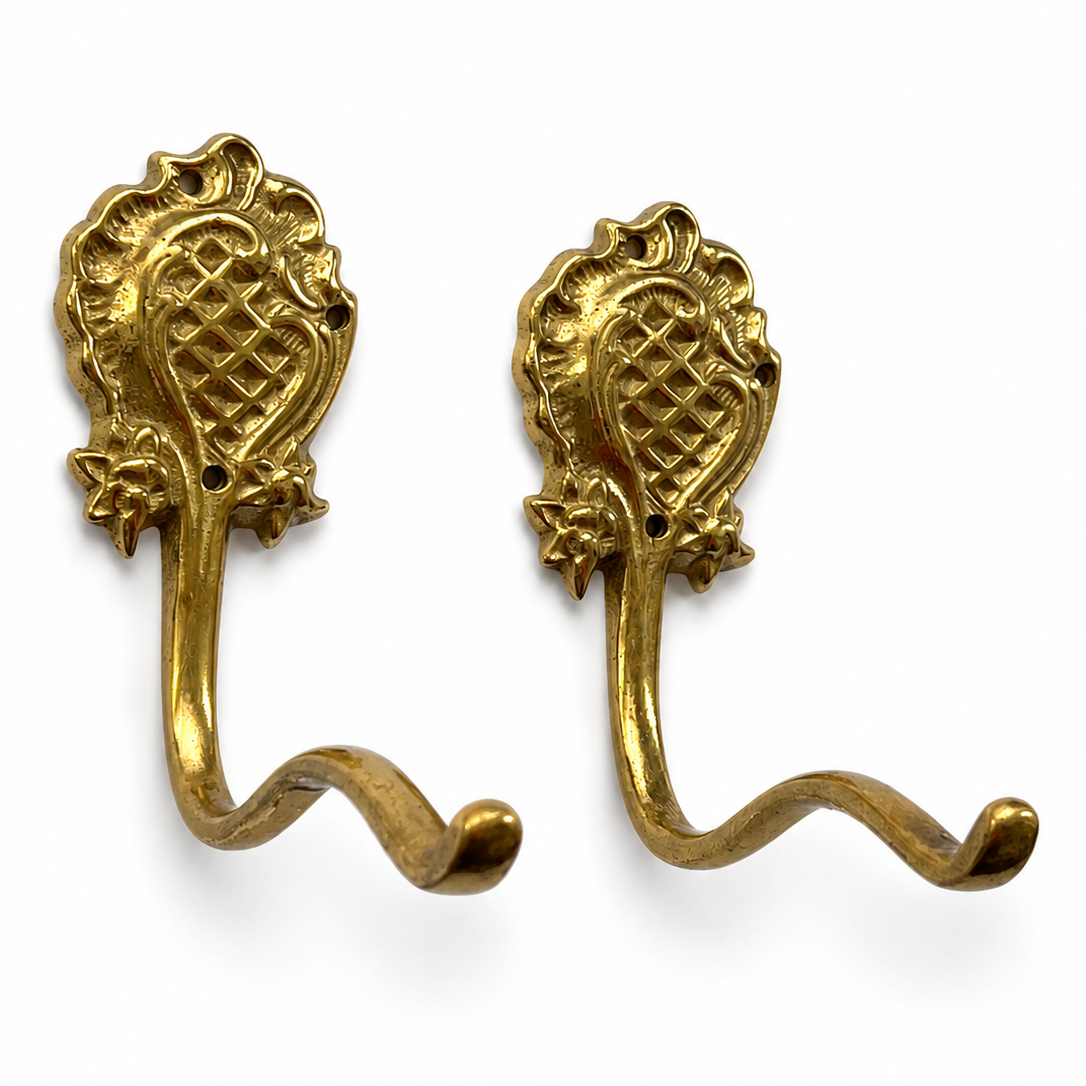 Pair Ornate Brass Wall Hooks, Vintage German Coat Hat Hangers