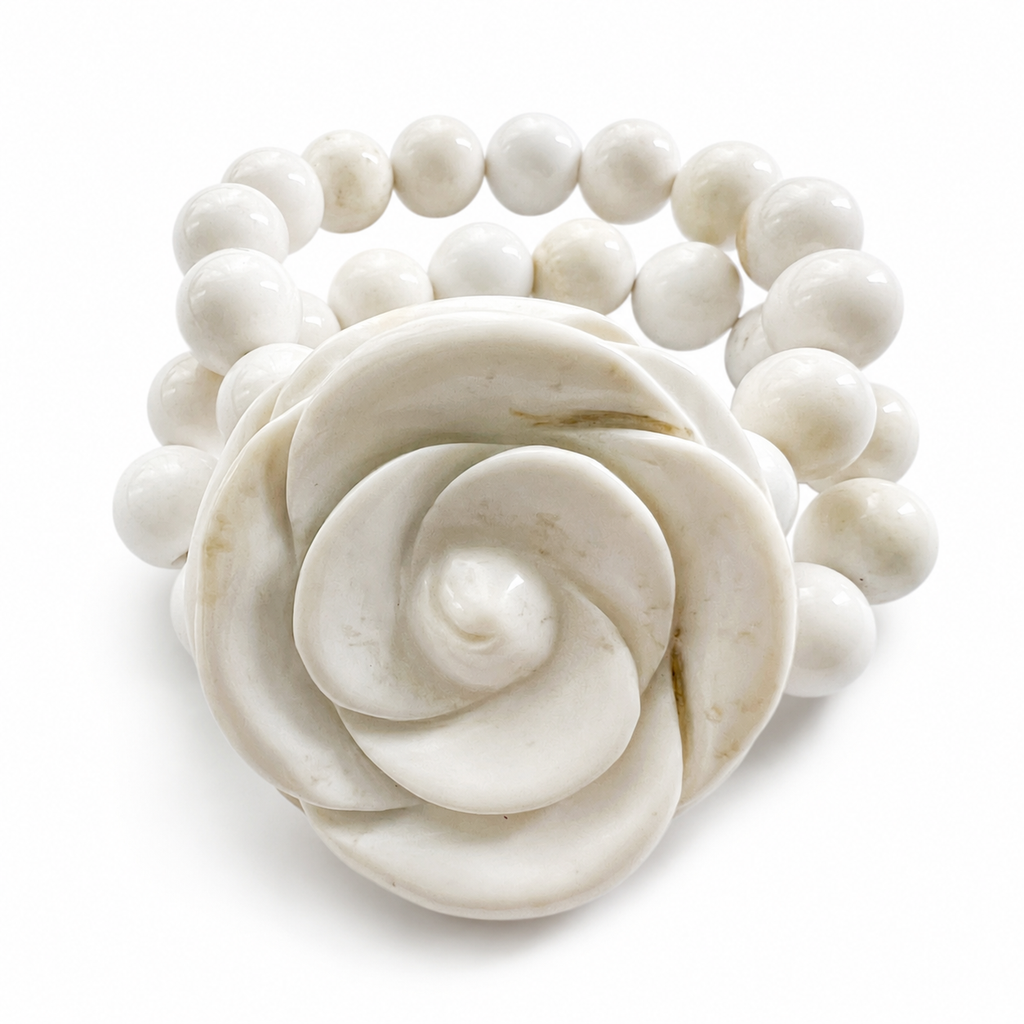 Vintage Hand Carved White Agate Flower Bracelet, Heavy Statement Bead Bracelet
