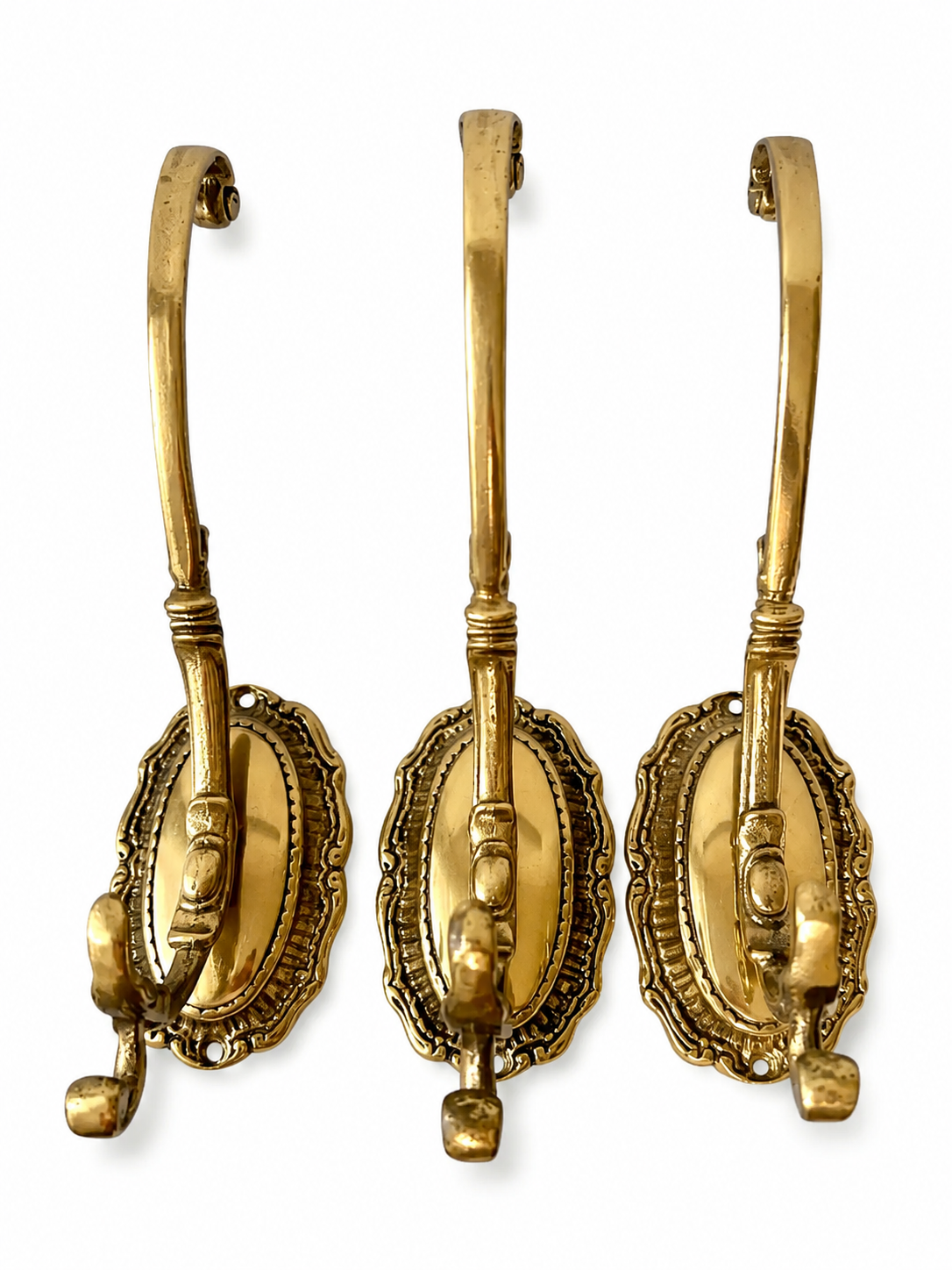 Set of 3 Large Vintage Brass Wall Hooks, Ornate Coat Hat Towel Hangers