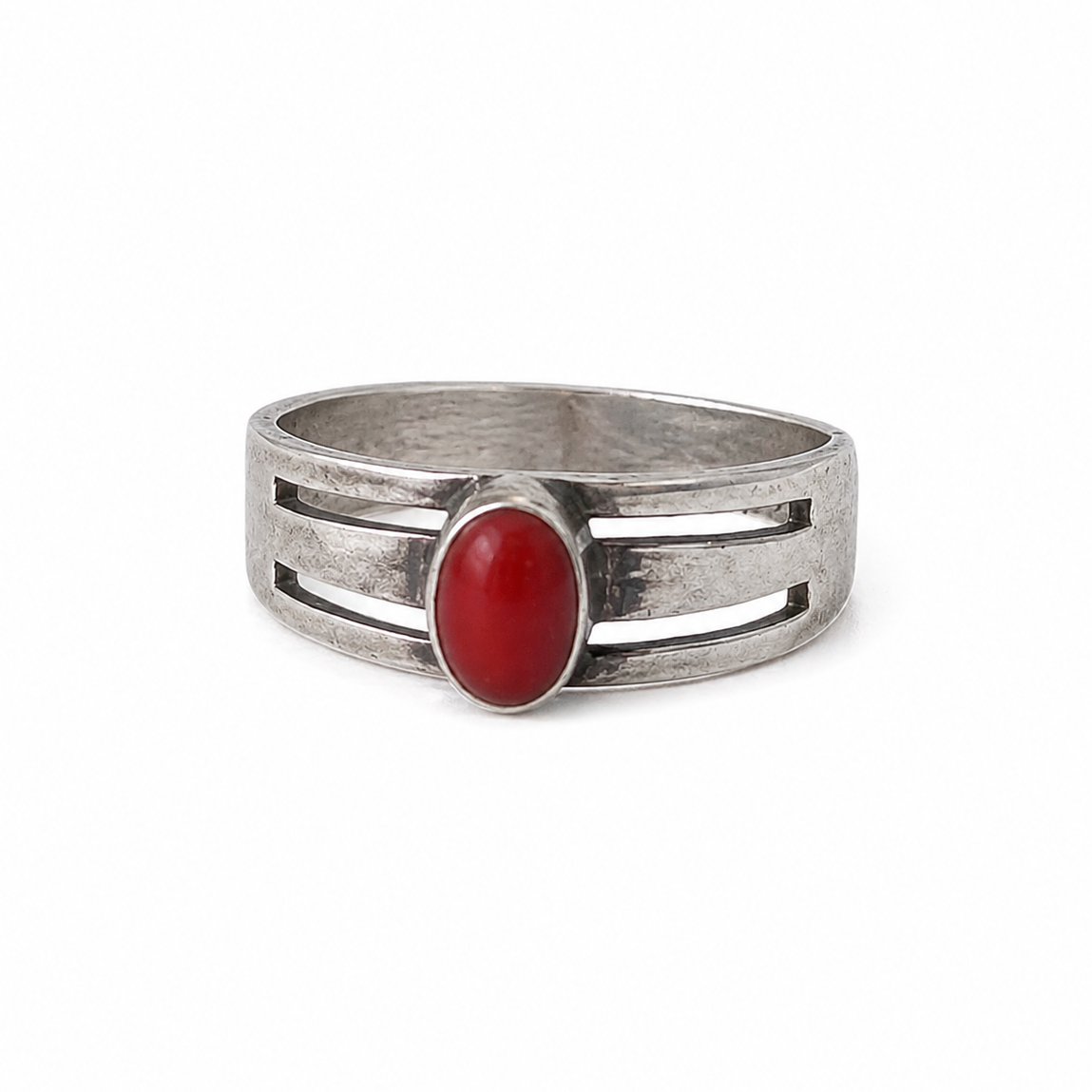 Vintage 835 Silver Red Coral Ring, Modernist Split Band, Size US 6 UK L½