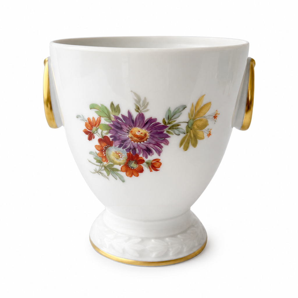 Porzellan Gloria Cachepot, West Germany Floral Porcelain Vase, Gold Trim