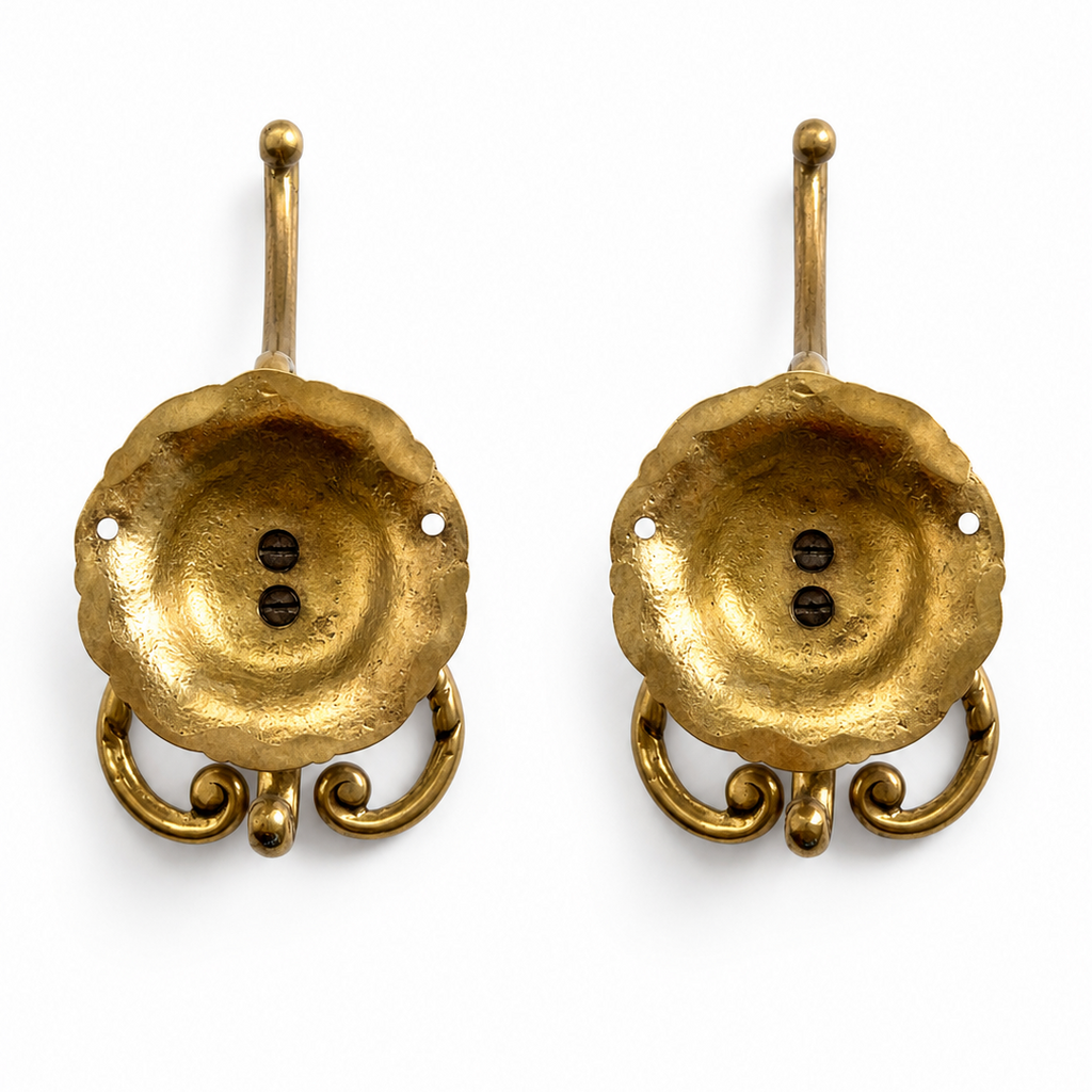 Pair Large Ornate Brass Wall Hooks, Vintage Coat Hat Towel Hangers