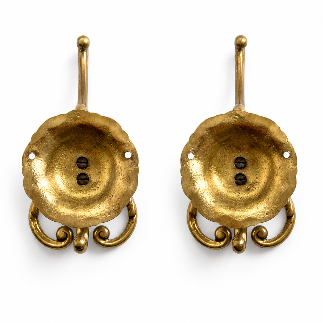 Pair Large Ornate Brass Wall Hooks, Vintage Coat Hat Towel Hangers