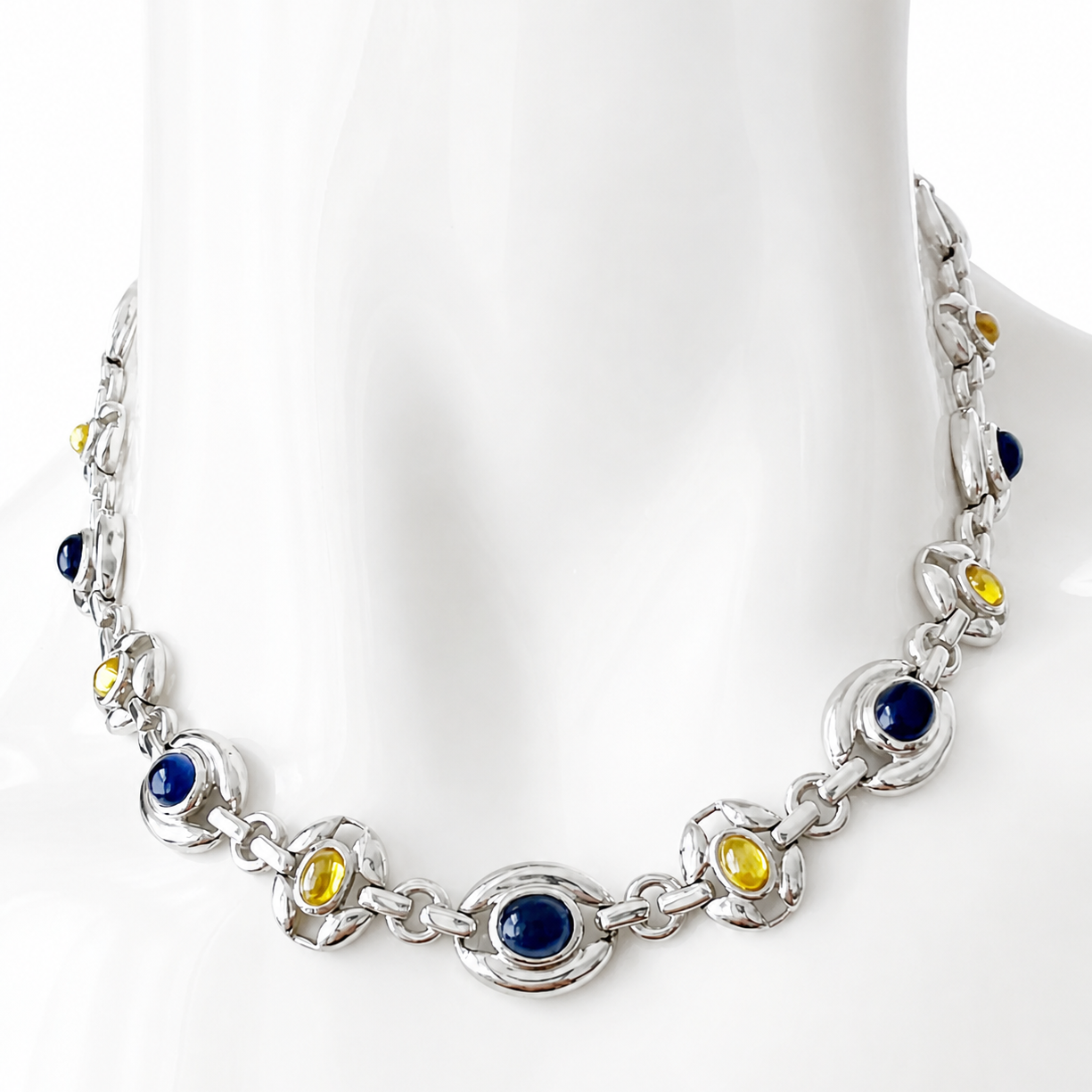 Vintage Italian Sterling Silver Necklace, Blue Yellow Glass Cabochons, 925 Modernist Link Chain
