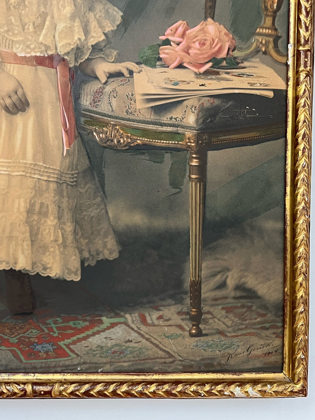 Antique Painted Photograph Portrait of a Young Girl, Pastel & Watercolour, Dated 1904, Original Gilded Frame