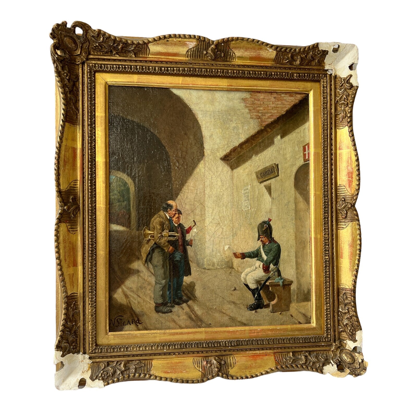 Antique Oil Painting "Bohemian Musicians" by N. Sicard, Framed Artwork, Vintage Bohemian Style