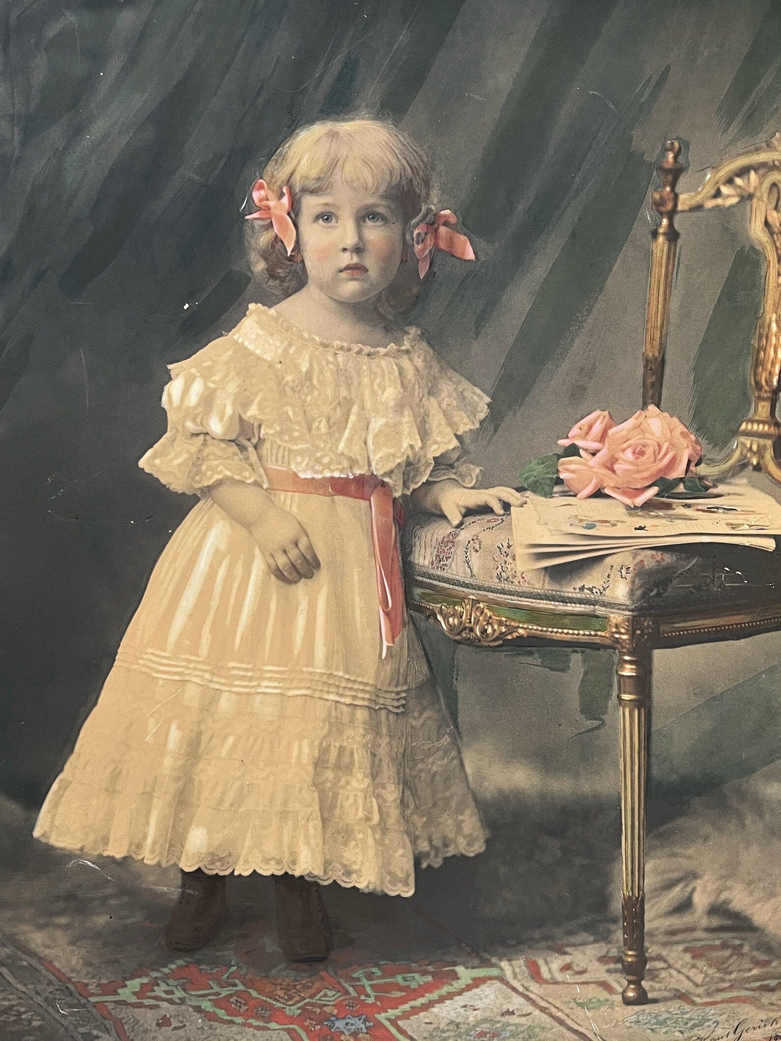 Antique Painted Photograph Portrait of a Young Girl, Pastel & Watercolour, Dated 1904, Original Gilded Frame