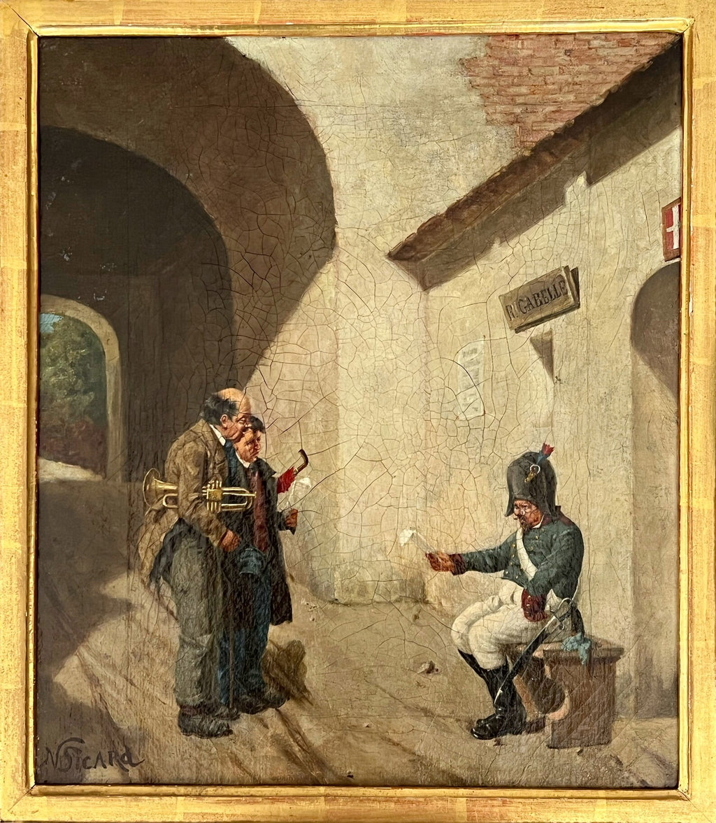 Antique Oil Painting "Bohemian Musicians" by N. Sicard, Framed Artwork, Vintage Bohemian Style