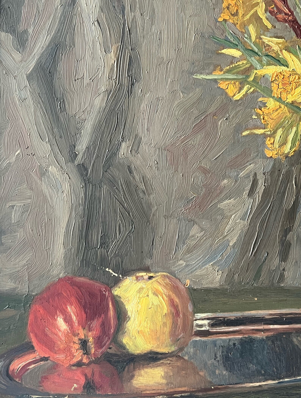Floral Still Life Oil Painting: Yellow Flowers & Apples, c.1915