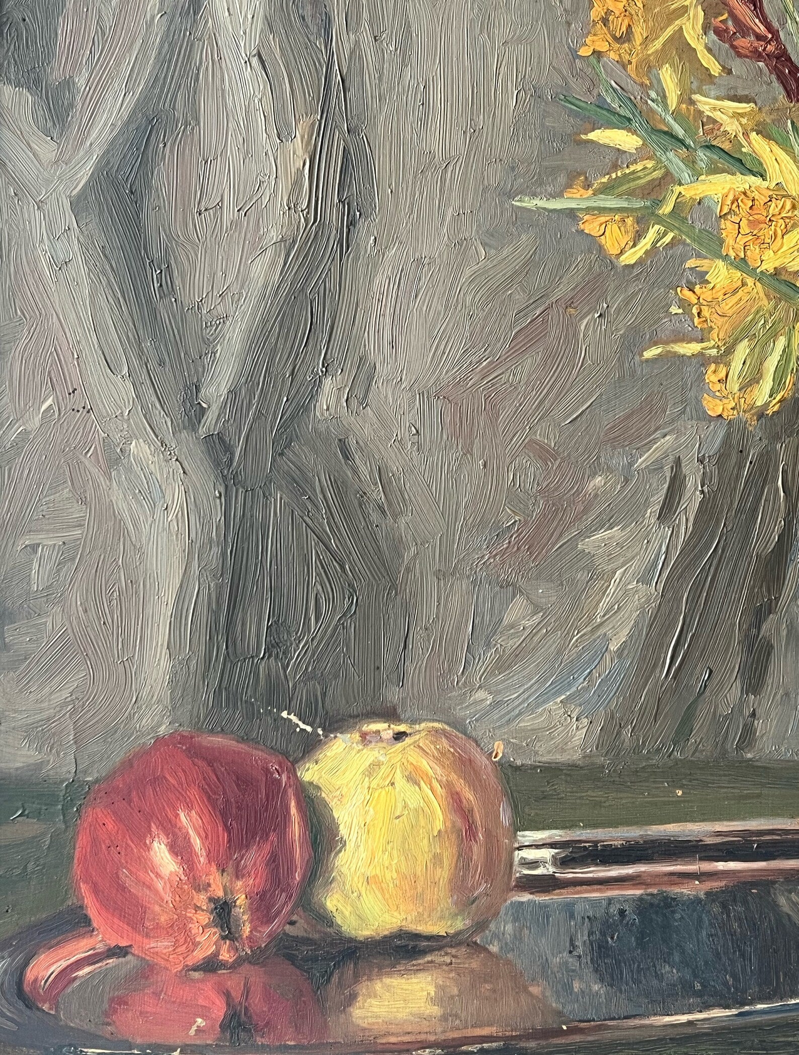 Floral Still Life Oil Painting: Yellow Flowers & Apples, c.1915