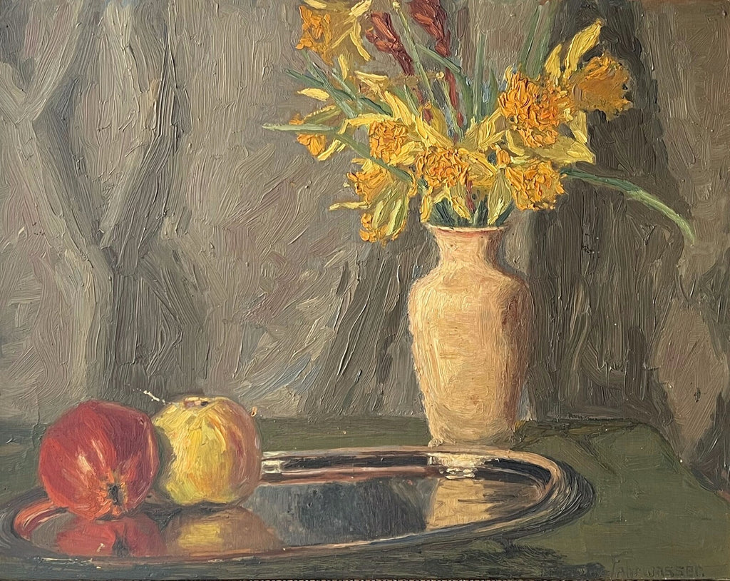 Floral Still Life Oil Painting: Yellow Flowers & Apples, c.1915
