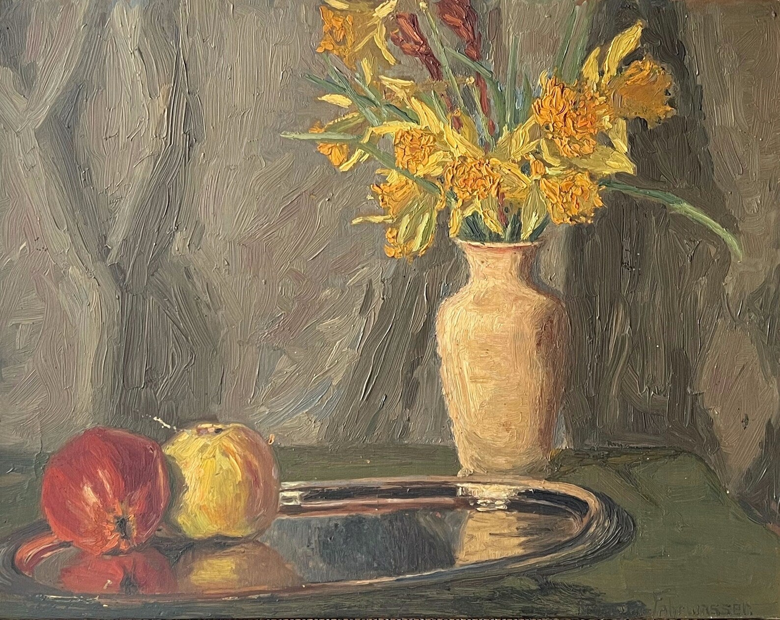 Floral Still Life Oil Painting: Yellow Flowers & Apples, c.1915