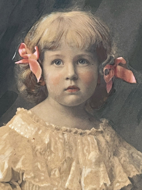 Antique Painted Photograph Portrait of a Young Girl, Pastel & Watercolour, Dated 1904, Original Gilded Frame