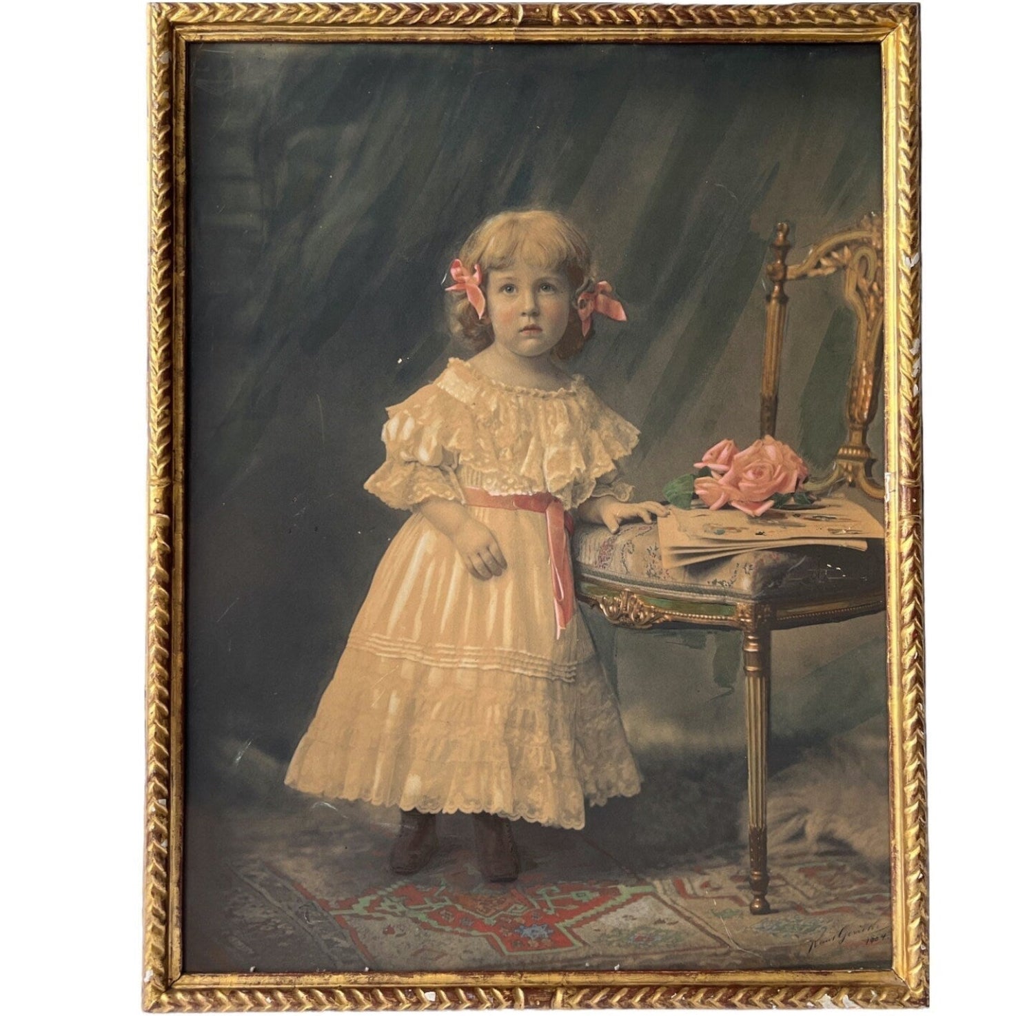 Antique Painted Photograph Portrait of a Young Girl, Pastel & Watercolour, Dated 1904, Original Gilded Frame