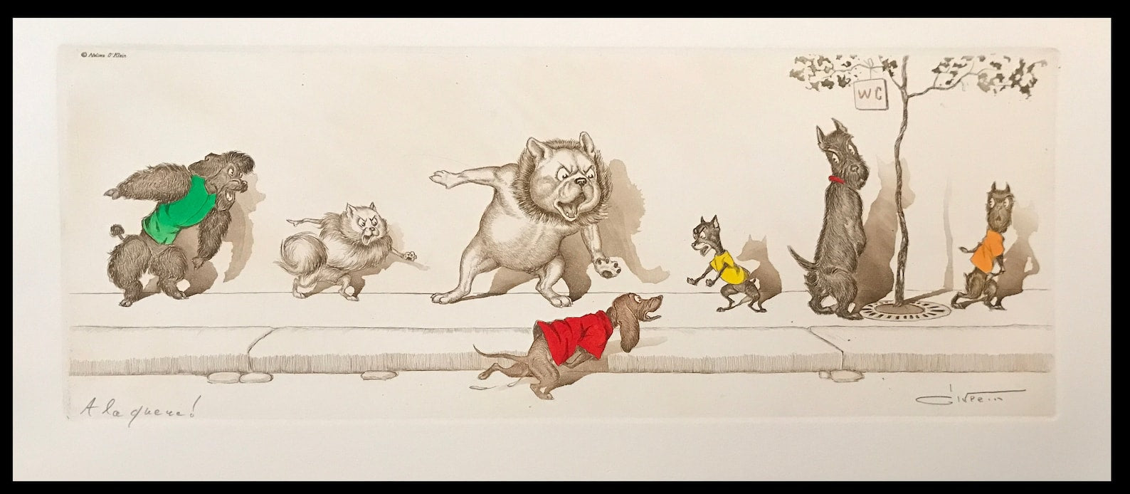 Boris O’Klein — “Get in Line!” (À la queue !), Signed Hand-Coloured Etching, Dirty Dogs of Paris