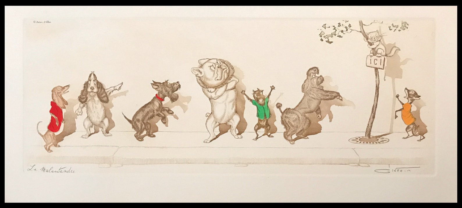 Boris O’Klein — “The Misunderstanding” (Le malentendu), Signed Hand-Coloured Etching, Dirty Dogs of Paris