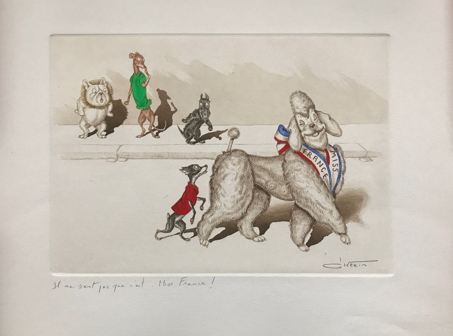 Boris O’Klein — “He Doesn’t Realise It’s Miss France” (Il ne sent pas que c’est Miss France), Signed Hand-Coloured Etching, Dirty Dogs of Paris
