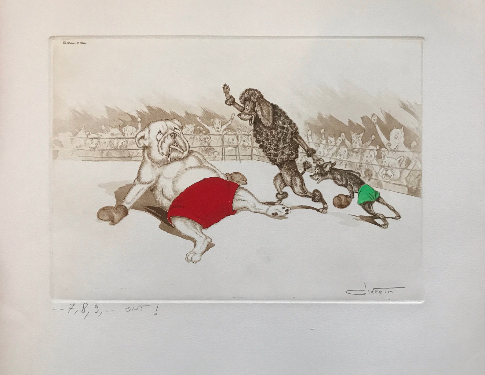 Boris O’Klein — "7,8,9,out", Signed Hand-Coloured Etching, Dirty Dogs of Paris