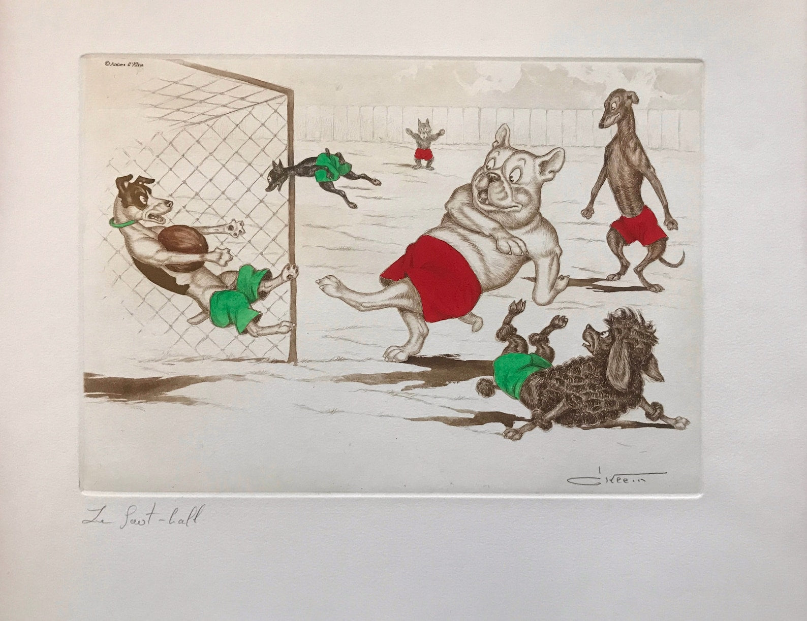 Boris O’Klein — "Football", Signed Hand-Coloured Etching, Dirty Dogs of Paris