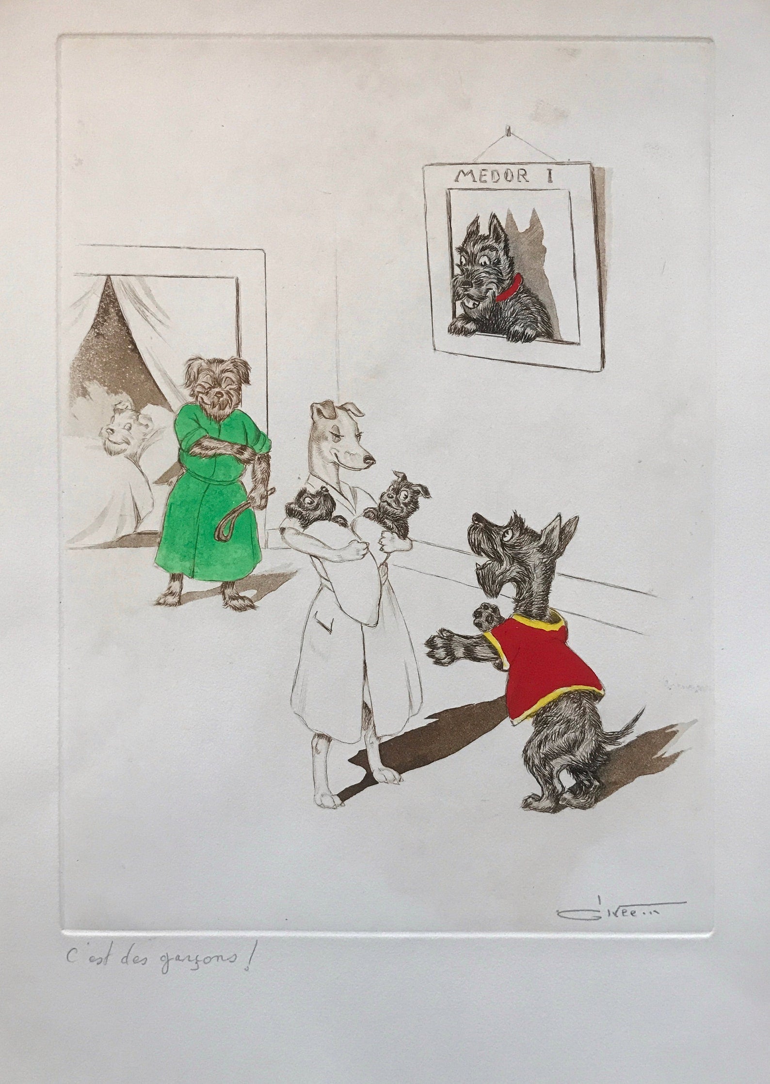 Boris O’Klein — "It's boys", Signed Hand-Coloured Etching, Dirty Dogs of Paris