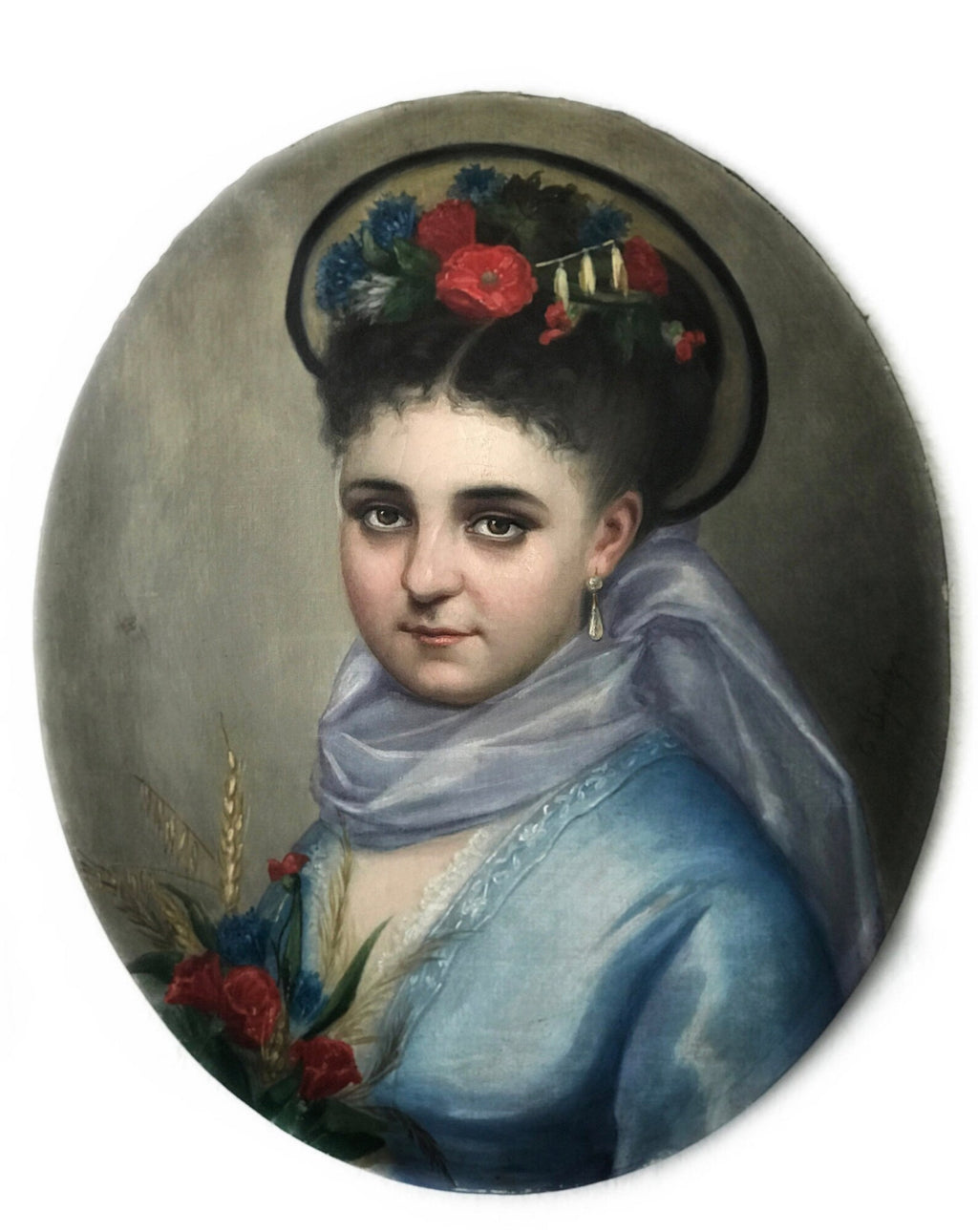 Antique Oil Portrait of Young Woman by E. Spelza. Circa 1900s