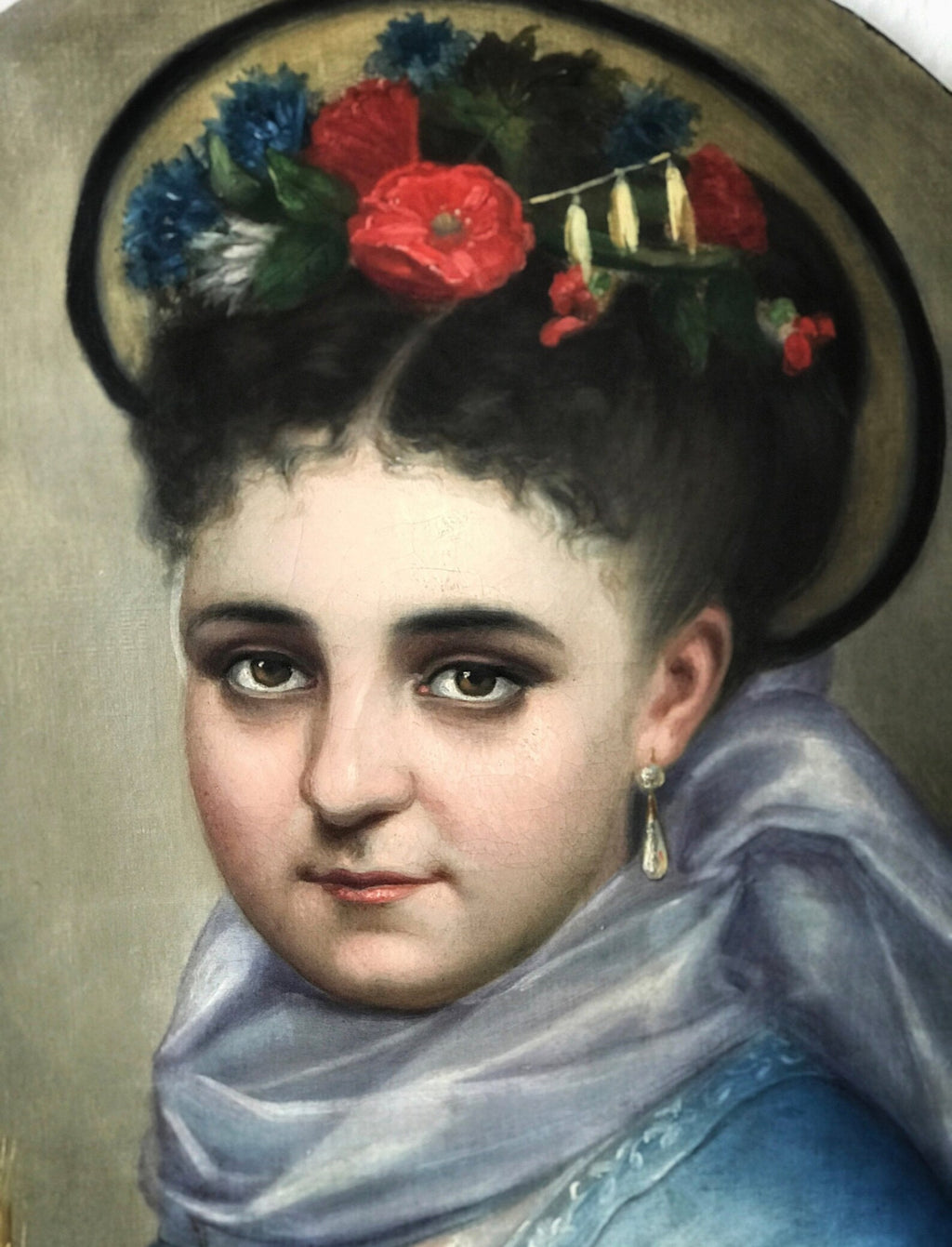 Antique Oil Portrait of Young Woman by E. Spelza. Circa 1900s