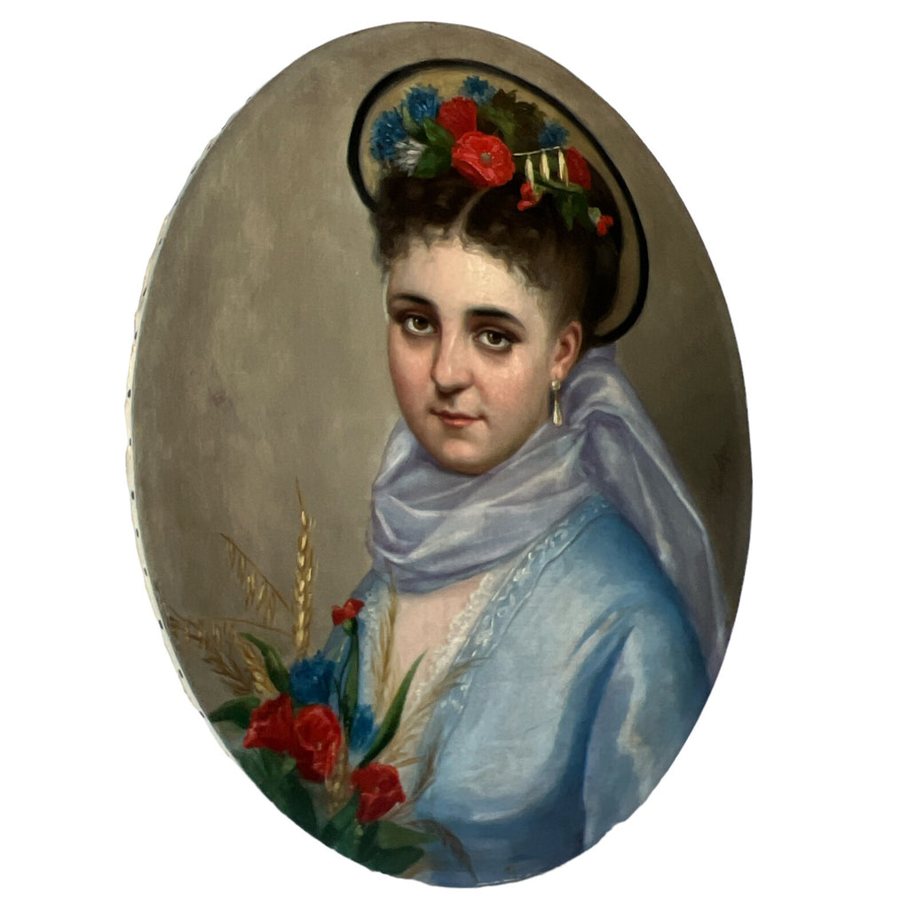 Antique Oil Portrait of Young Woman by E. Spelza. Circa 1900s