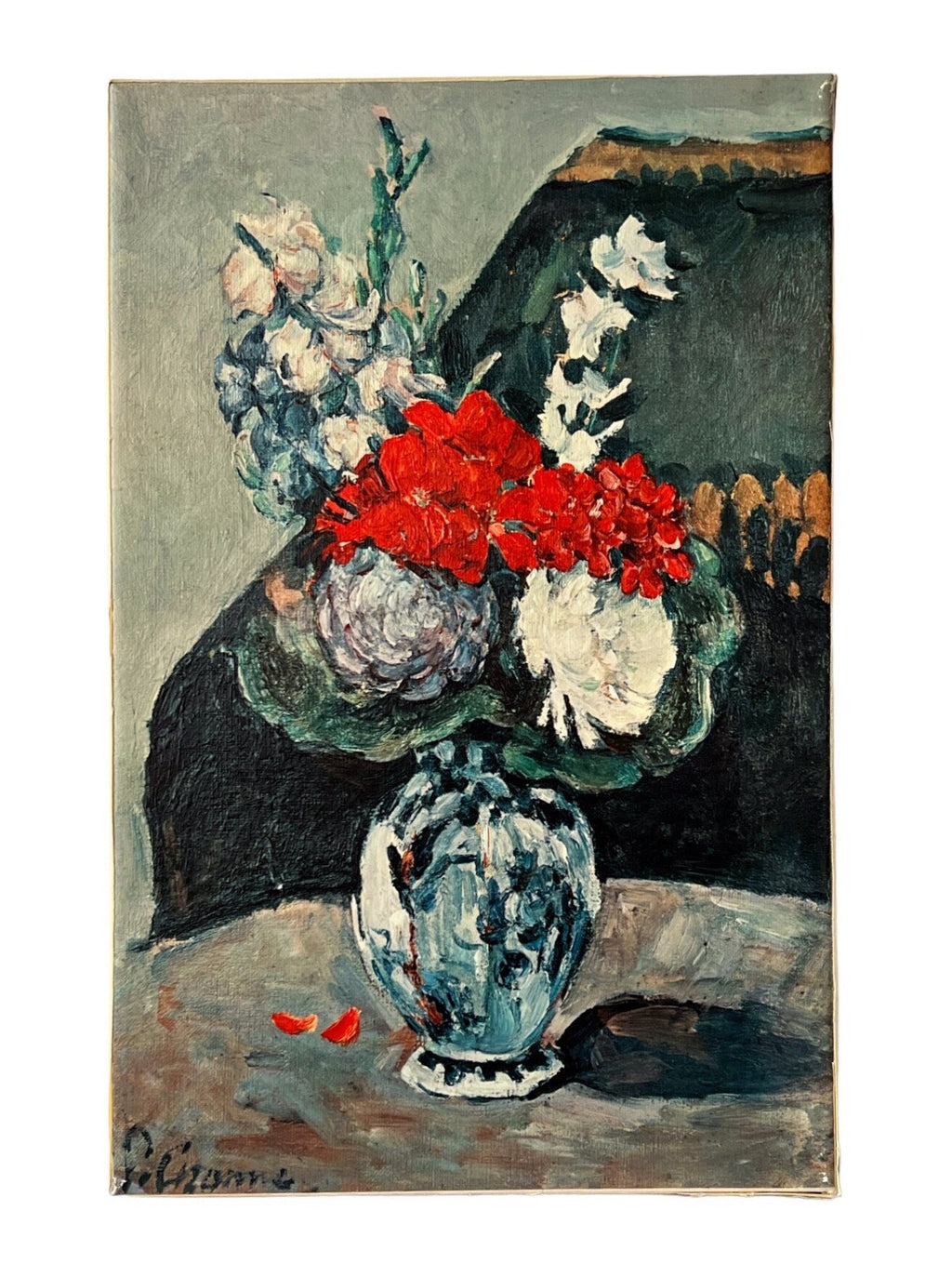 Vintage Cézanne Flowers Delft Vase Canvas Reproduction Painting 1955 Obpacher Munich